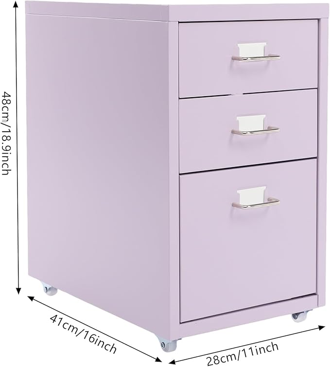File Cabinet 3 Drawer Filing Cabinet with Wheels Metal Under Desk Storage Cabinet for Home Office Commercial Hanging File Folders Organizer for Letter/A4 Size(Purple)