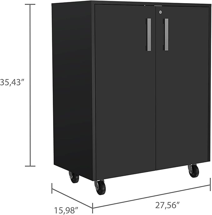 Mobile Filing Cabinet with 2-Tier Black Particle Board Double Door Metal Hardware Classic Small Storage Cabinet for Home Office Study Room