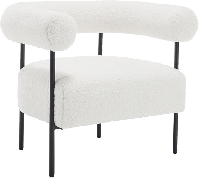 Wahson Modern Accent Chair with Black Metal Legs Boucle Upholstered Barrel Chair with Curved Backrest Small Reading Chair for Living Room/Bedroom/Office White