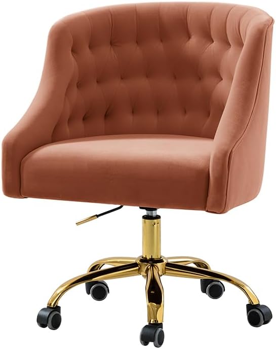 Velvet Office Chair with Gold Base Modern Cute Desk Chair Comfortable Adjustable Swivel Task Chair for Home Office Living Room Bedroom Vanity Study Coral
