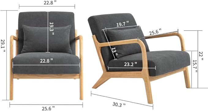 Mid Century Modern Accent Chair with Wood Frame Upholstered Living Room Chairs with Waist Cushion Reading Armchair for Bedroom Sunroom (Grey + Velvet + Cotton)