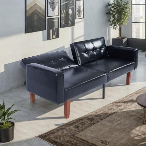 Adjustable Backrest Convertable Sofa Modern PU Leather 2-Seat Futon Sofa Convertible Faux Leather Sleeper Couch with Armrests Couch for Living Room Home Office Spaces Black