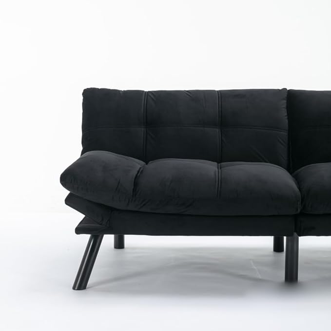 LLS 70.87 Velvet Futon Sofa Bed Modern Convertible Sleeper Sofa Couch with Adjustable Backrest and Armrests Tufted Loveseat Sofa with Metal Legs for Living Room Bedroom Apartment Black