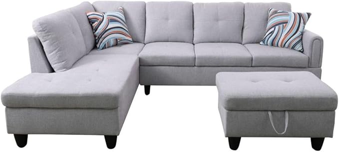 Grey L-Shaped 3-Piece Flannel Sofa with Storage Ottoman Set Sectional Couch Sofa Set for Living Room Office Small Space