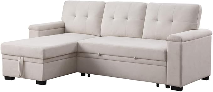 Lilola Home Convertible Sectional Sleeper Sofa Bed 85 Inch L Shaped Couch with Pull Out Bed Storage Chaise Removable Back Cushions for Living Room Office Woven Fabric Beige