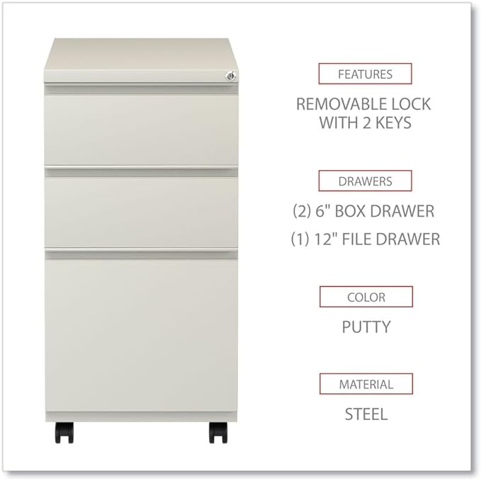 Alera PBBBFPY Three-Drawer Metal Pedestal File with Full-Length Pull 14 7/8w x 19 1/8d Putty