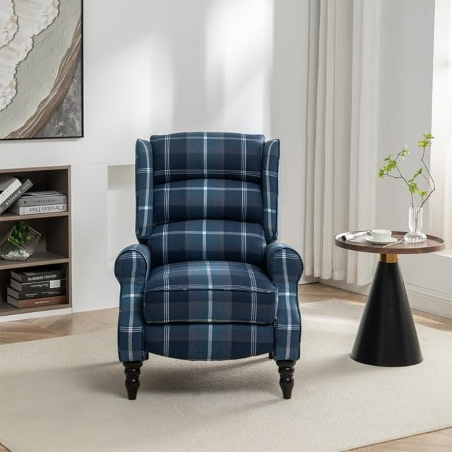 Upholstered Wingback Recliner Chair Plaid Recliner Chair Armchair Adjustable Footrest Push Back Reclining Sofa Mid-Century Modern Lounge Armchair for Living Room Bedroom Reading - Blue