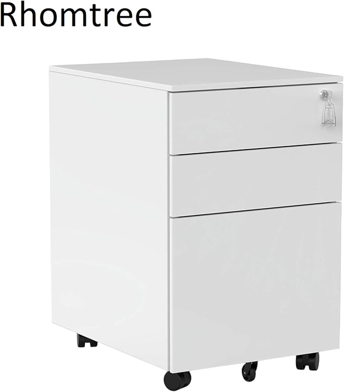 Rhomtree 3 Drawer File Cabinet Rolling Metal Filing Cabinet with Lock Mobile Pedestal Storage Fully Assembled Without Casters (White)