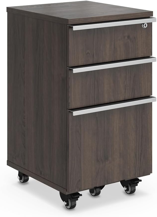 NBF Three-Drawer Mobile Pedestal Storage - Southern Walnut | Rolling Cabinet Brushed Nickel Hardware Secure Storage
