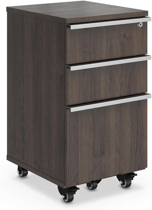 NBF Three-Drawer Mobile Pedestal Storage - Southern Walnut | Rolling Cabinet Brushed Nickel Hardware Secure Storage