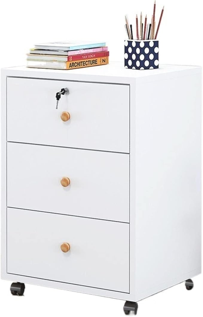 Wooden Office File Cabinet with Lock 3-Drawer Mobile Storage Cabinet Rolling Filing Cabinet for Home Office Floor Storage Cabinet Organizer