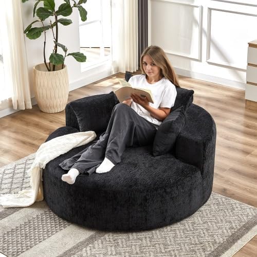 Oversized Round Chaise Lounge Chair Indoor 55'' Chenille Deep Seat Circle Single Floor Sofa Chairs Modern Upholstered Sponge Armchair Cloud Sleeper Chair for Living Room Bedroom Apartment Black
