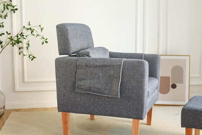 TAKUKA Modern Accent Chair with Ottoman SetComfy Fabric Armchair with Footrest Upholstered Chair with Side Pocket Soft Reading Lounge Chair for Living RoomBedroomOffice(Dark Grey)