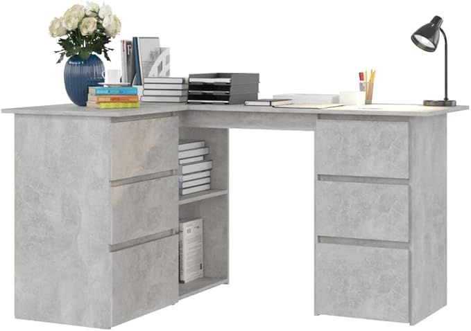 L-Shaped Writing Desk Corner Computer Desk with Drawer and Shelves 57.1in Study Table Workstation for Home Office Multipurpose PC Laptop Table Work Table Office Desk (Concrete Gray)