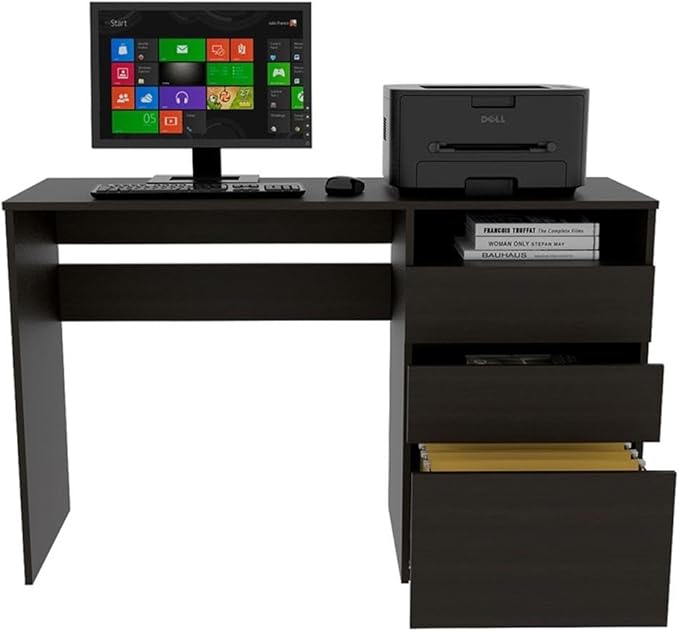 Pemberly Row Computer Desk 47.4 Wx17.1 Dx29.5 H Engineered Wood Black Finish 3 Drawer Design with Cubby Space Compact Modern Style Home Office Desk for Workspace Storage