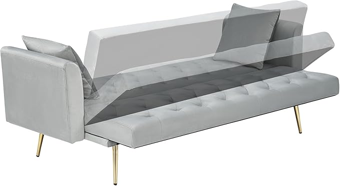 71 Modern Velvet Sofa Bed Futon Convertible Sleeper Couch with Adjustable Backrest Tufted Recliner Loveseat with Golden Chrome Legs &amp 2 Pillows for Small Spaces Living Room Apartment (Gray)