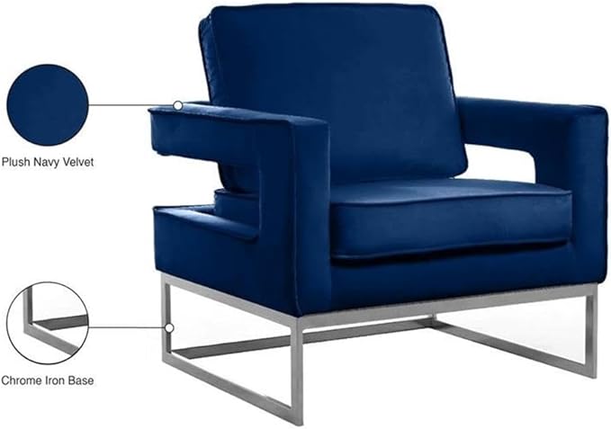 Pemberly Row Upholstered Navy Velvet Accent Chair Contemporary Design Stainless Steel Legs with Chrome Finish Solid Wood Frame High-Density Foam Seat 33.5 W x 29.5 D x 35.5 H Living Room