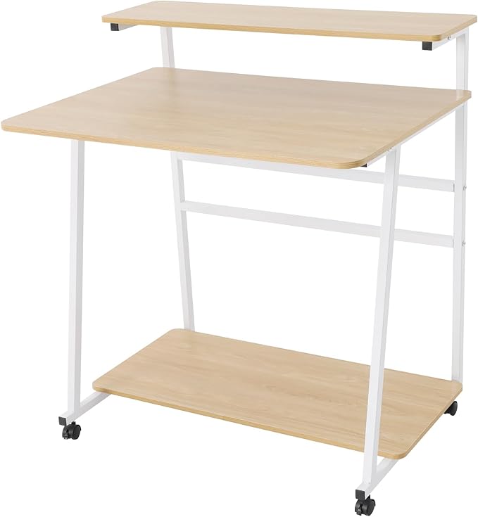 Home Office Desk3 Tier Rolling Computer Desk36inch Modern Home Desk Computer Desk Writing Table with Under Desk Storage Shelves for Home Office Study Bedroom (White+Log Color)