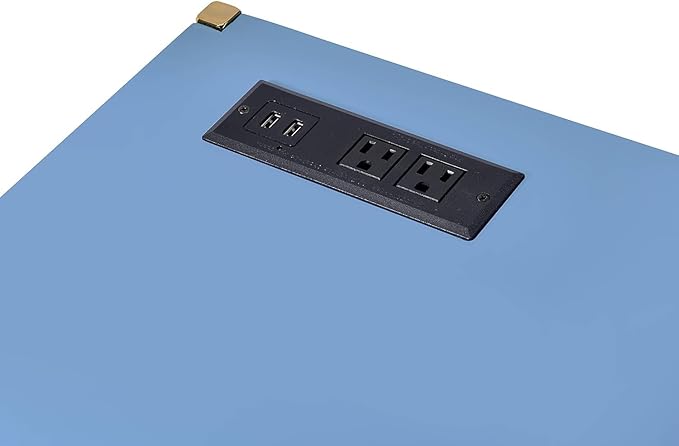 Modern Rectangular Writing Computer Desk w/USB Ports Gold Open Metal Base &amp High Gloss Wooden Top – Compact Home Office Workstation with Charging Convenience (Navy Blue)