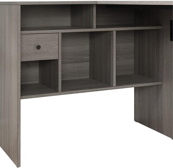 Pemberly Row Modern Lane L-Shape Desk Farm Oak Gray Finish Sturdy Metal Frame 55 W x 35 D x 30 H Accessory Drawer Adjustable Shelf Home Office Desk for Storage and Organization