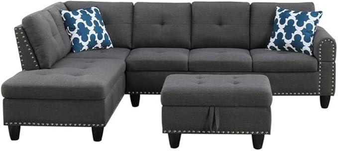 Devion Furniture Polyester Fabric Sectional Sofa with Lift-top Storage Ottoman Tufted Design in Gray Finish