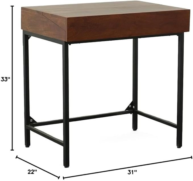 Pemberly Row Hidden Storage Writing Desk Rustic Mango Wood Chestnut Stain Black Metal Frame 31 in x 22 in Foldable Top Industrial Style for Home Office Dorm or Den Use