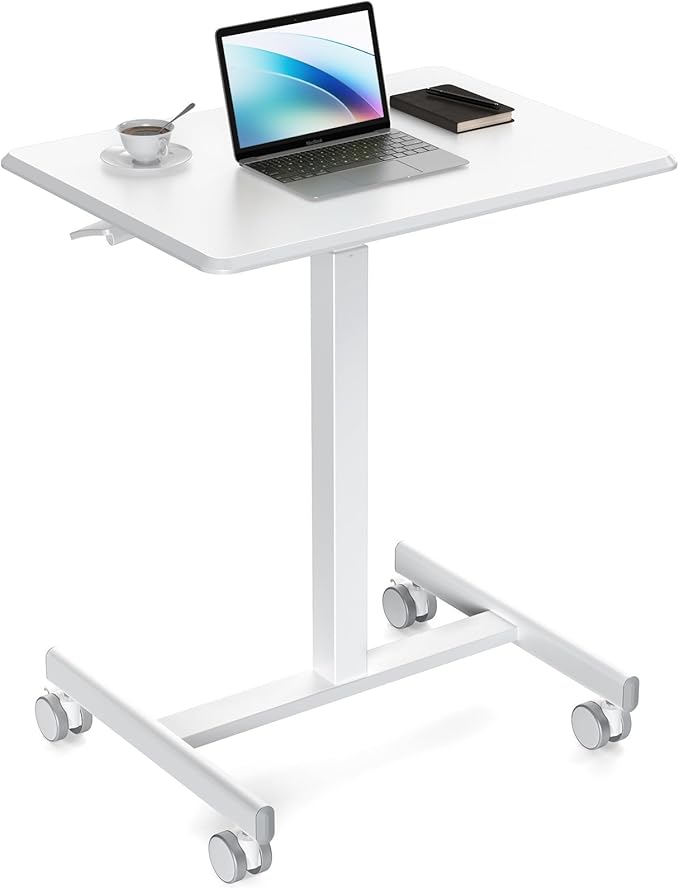 Sweetcrispy Small Mobile Rolling Standing Desk - Overbed Table Mobile Portable Rolling Laptop PC Table with Locking Wheels Adjustable Height Computer Workstation for Home Office 19 InchWhite