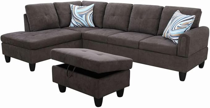 Dark Brown L-Shaped 3-Piece Flannel Sofa with Storage Ottoman Set Sectional Couch Sofa Set for Living Room Office Small Space