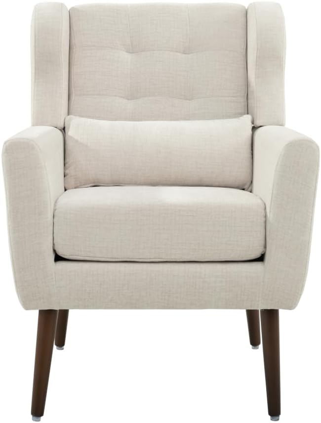 Modern Accent ChairChenille Arm Chairs for Living RoomUpholstered Mordern ArmchairComfy Soft Padded Lounge Chair in Small Space Bedroom w/Pillow Solid Wood Leg (Beige + Chenille)