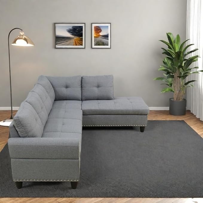 FONTOI L Shaped Sectional Couch Sofa 4-Seat Modern Sectional Sofa with Cup Holders &amp Nail-Head Trim – PU Leather L-Shaped Couch for Living Room Bedroom Apartment GreyC