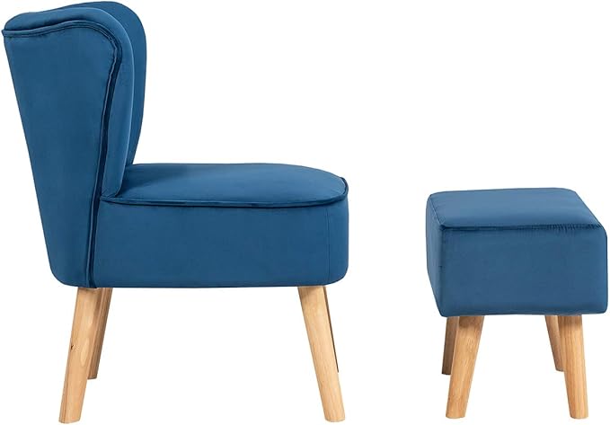 Giantex Velvet Accent Chair with Ottoman Modern Tufted Upholstered Chair with Footrest Firm Wood Legs Leisure Single Club Chair Set for Living Reading Room Bedroom (Blue)