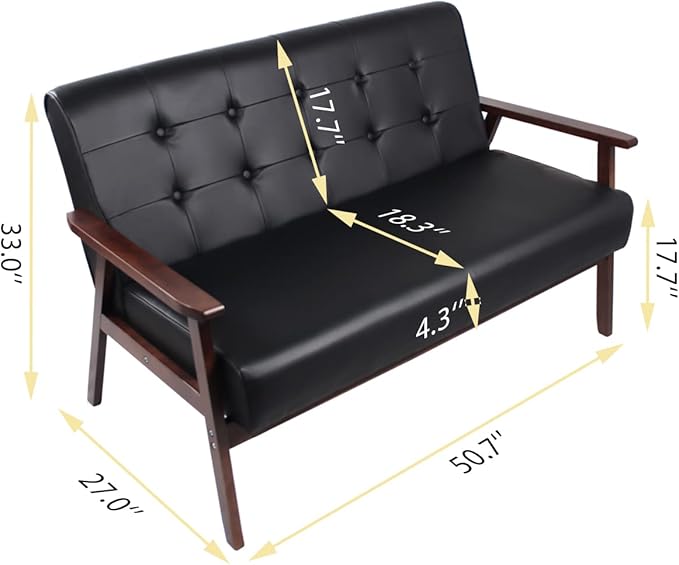 AODAILIHB Leather Sofa Couch Set 2 Accent Chairs &amp 1Loveseat Black Faux Leather Loveseats Mid Century Modern Office Couch for Small Space Waiting Room Living Room Furniture (3 Black)