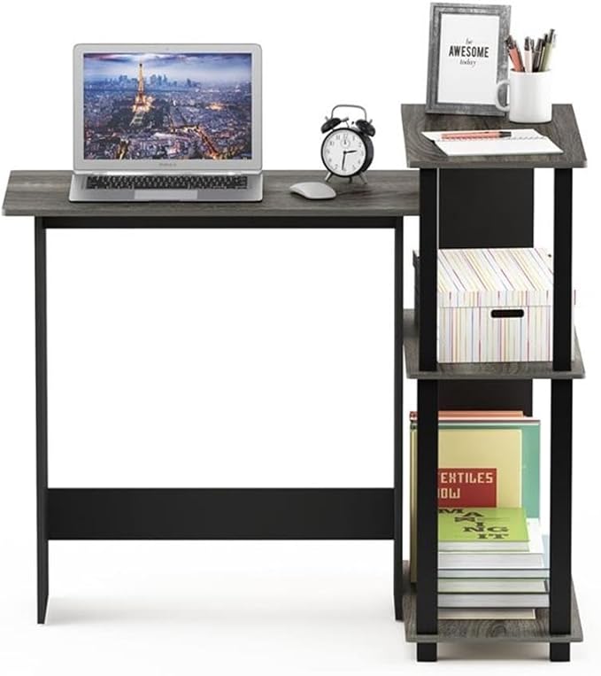 Furinno Abbott Corner Computer Desk with Bookshelf French Oak Grey/Black