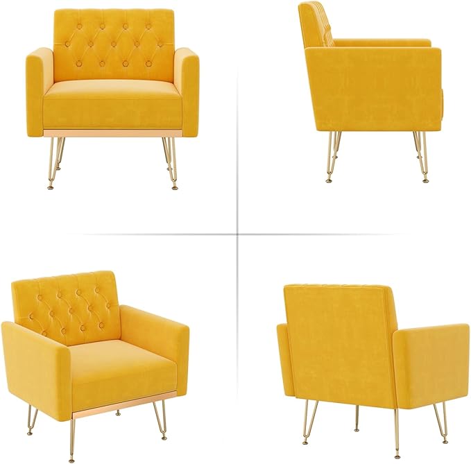 Olela Velvet Accent Chair with Arm for Living RoomModern Armchair Single Sofa Cozy Tufted Upholstered Reading Side Chairs with Gold Metal Leg for Bedroom Decorate(1 Mustard Yellow)