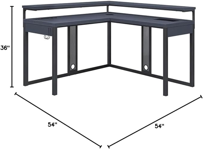 Pemberly Row L-Shape Gaming Desk 54x54x36 in Black Steel Metal Chevron PVC Finish RGB LED Lights Dual Monitor Shelves USB Charging Hub Headphone Hook Home Office or Gaming Desk