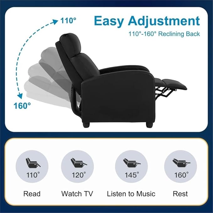 BOWERY HILL Modern Faux Leather Massage Recliner Chair Black Finish 8 Massage Functions Soft Padded Seat and Back Manual Push Back Comfortable Relaxation Living Room Seating Steel Frame