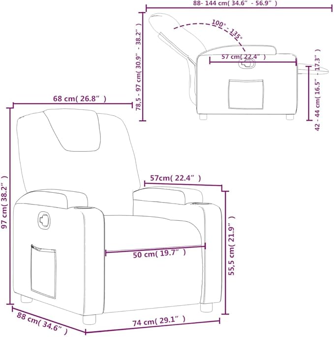 vidaXL Gray Faux Leather Recliner Chair with Manual Recline Cup Holders and Side Pocket for Living Room Bedroom Comfort