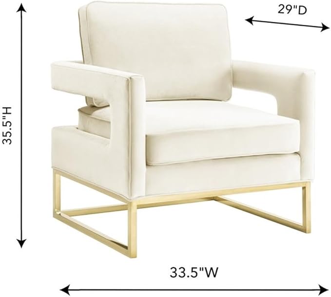 Pemberly Row Modern Velvet Accent Chair Cream and Gold Finish 20 Seat Height Stainless Steel Legs Handmade Design Luxe Upholstery 35.5 H x 33.5 W x 29 D Living Room or Bedroom Seating