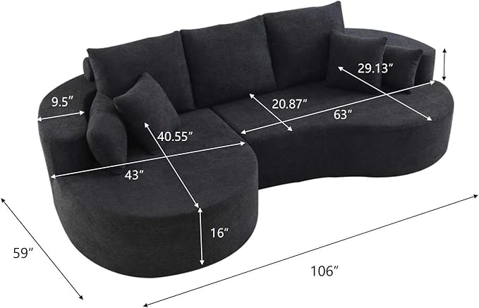 Christopher Knight Home Carden 106 Curved Modular Sectional Sofa Fabric Upholstered Comfy Sofa Couch with Chaise Lounge Modern Cloud Couch with Deep Seat No Assembly Required Black