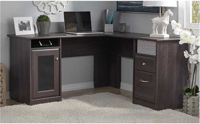 Pemberly Row 60 L-Shape Desk Engineered Wood in Heather Gray Durable Transitional Home Office Corner Desk with Storage Cabinet File Drawer Adjustable Shelf Wire Management Grommets