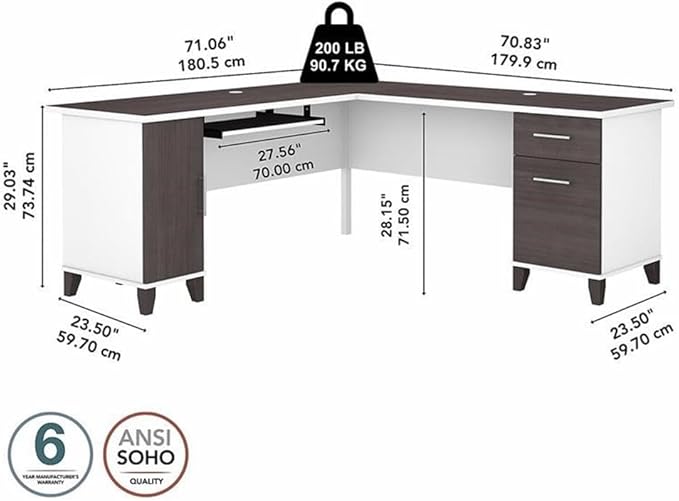Bush Home Somerset 72W L Shaped Desk with Storage in White and Storm Gray 72-inch Large Corner Computer Table for Home Office Workspace