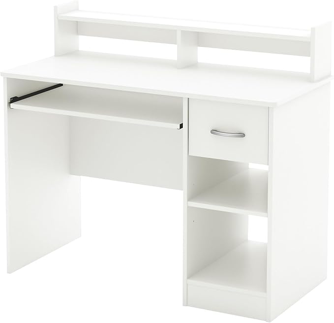 BOWERY HILL Modern Computer Desk with Keyboard Tray Wood Writing Desk with Drawers and Shelves for Home Office White