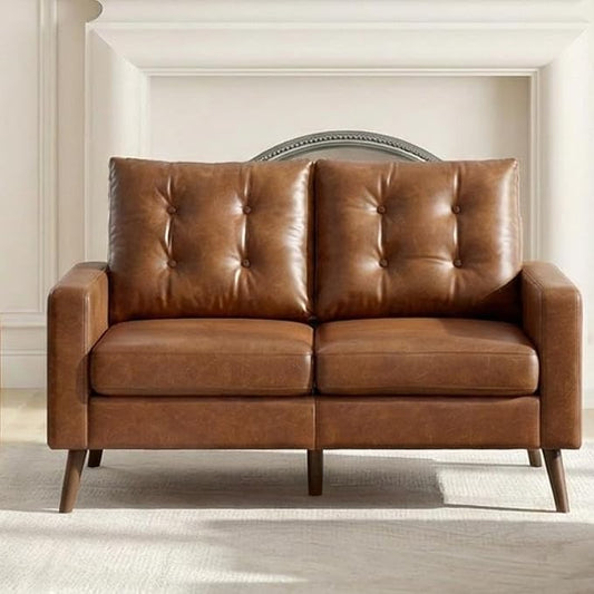 HNY Mid Century Modern 53” Loveseat Sofa Comfy Upholstered Button Tufted Faux Leather 2 Seater Small Sofa Couch Lounge Sleeper Love Seats for Small Spaces Living Room Apartment Bedroom Brown