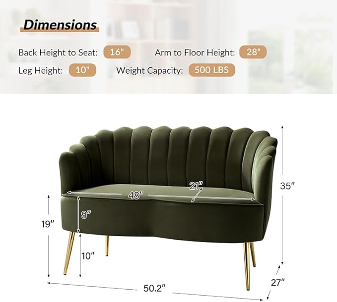 Velvet Upholstered Loveseat Sofa with Gold Metal Legs Modern Comfy Small Love Seat with Flower Shaped Back 2-Seater Sofa Accent Couch for Living Bedroom Leisure Areas Moss