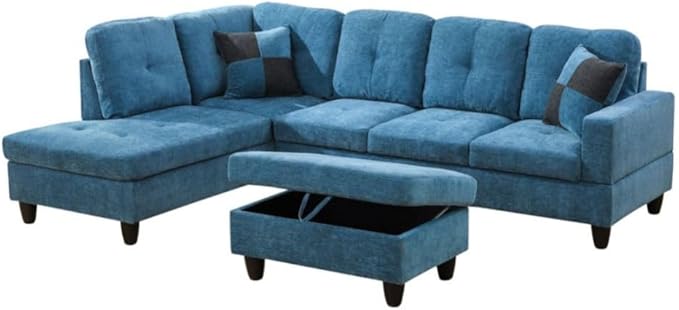 L-Shaped 3-Piece Flannel Sofa with Storage Ottoman Set Sectional Couch Sofa Set for Living Room Office Small Space Blue
