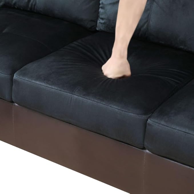 L-Shaped 3-Piece Lint and PVC Sofa with Storage Ottoman Set Sectional Couch Sofa Set for Living Room Office Small Space Dark Blue and Brown