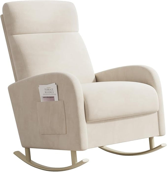 Rocking Chair Nursery Upholstered Glider Chair with Side Pocket Modern Nursery Chair with High Backrest and Rubber Metail Legs Accent Armchair for Living Room Bedroom Indoor (Beige Velvet)