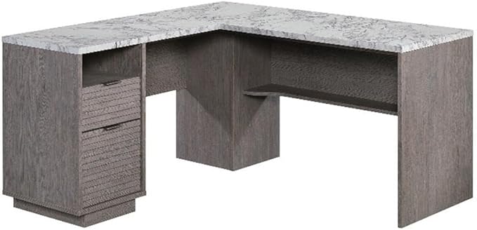 Pemberly Row Engineered Wood L-Shaped Desk 59 in x 58 in x 30 in Ashen Oak Finish Durable Home Office Desk with Storage Drawers and Shelves Compact Workspace for Study or Dorm Room Use