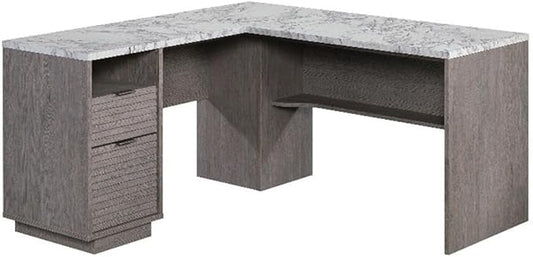 Pemberly Row Engineered Wood L-Shaped Desk 59 in x 58 in x 30 in Ashen Oak Finish Durable Home Office Desk with Storage Drawers and Shelves Compact Workspace for Study or Dorm Room Use
