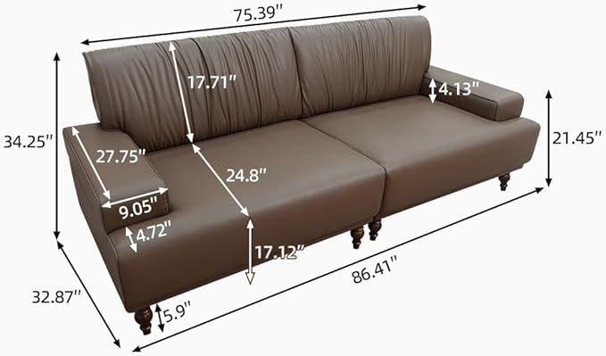 86.41 Mid-Century Modern Leather 3-Seater Couch Comfortable Sofa with Solid Wood Legs and Frame for Living Room Bedroom Apartment and OfficeBrown